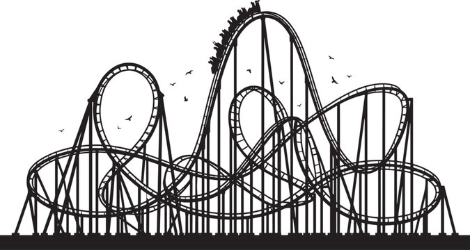 Black and white silhouette of an amusement park roller coaster track with loops and riding passengers also transparent background