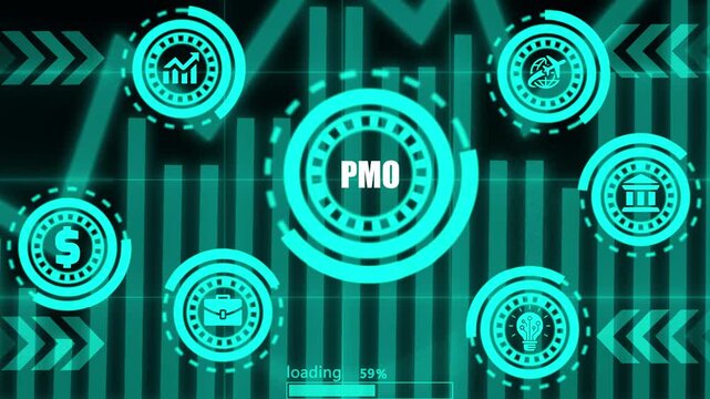 Futuristic PMO dashboard graphic interface with progress bar and icons.