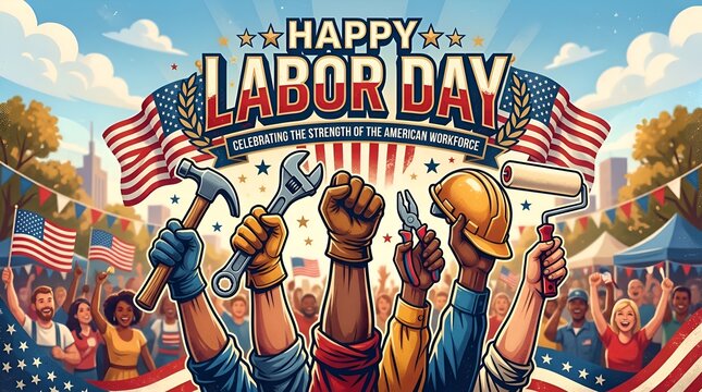Happy Labor Day USA - Diverse Workers Celebrate American Workforce Strength Holding Tools