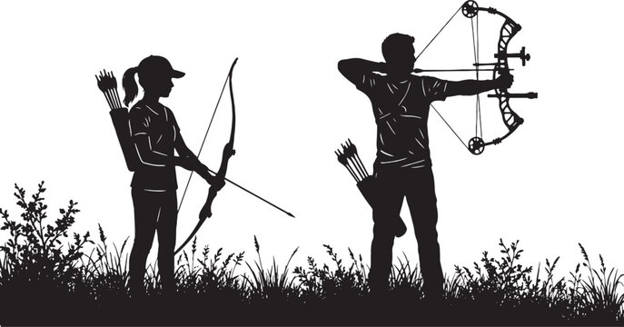 Black silhouette of a man aiming a compound bow and a woman holding a recurve bow standing in grass also transparent background
