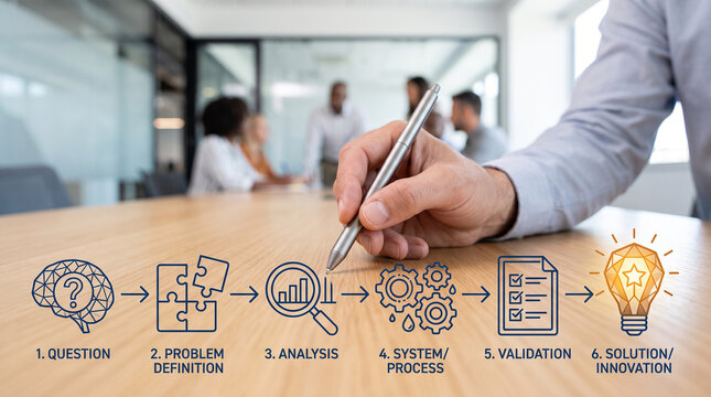 Strategic problem solving framework diagram showing six step business analysis and innovation methodology during corporate meeting