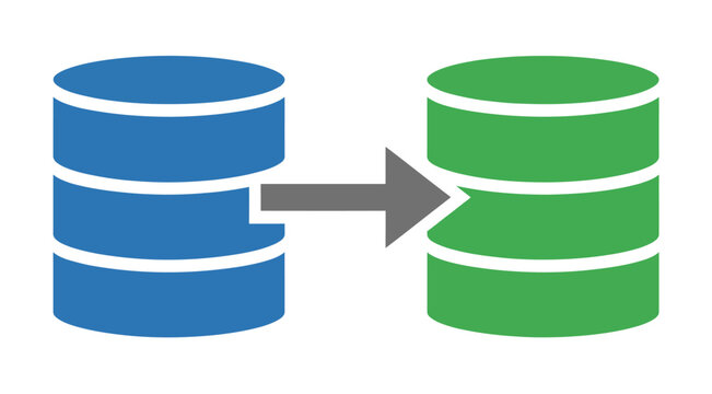 Data migration symbolized by an arrow transferring information from a blue database server to a green database.