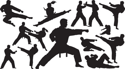 Obraz premium Black silhouettes of martial arts fighters in various poses, including kicking, punching, jumping, and sparring also transparent background