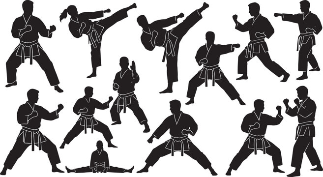 Black silhouettes of martial artists in various fighting poses, karate and taekwondo fighters in uniform also transparent background