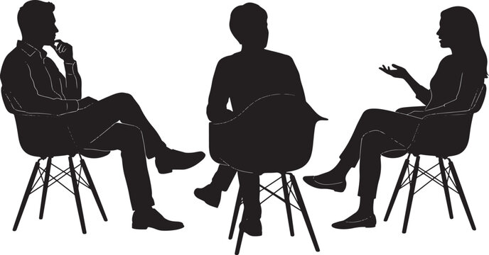 Black silhouettes of three people sitting in modern armchairs and talking to each other, isolated on white background, also transparent background