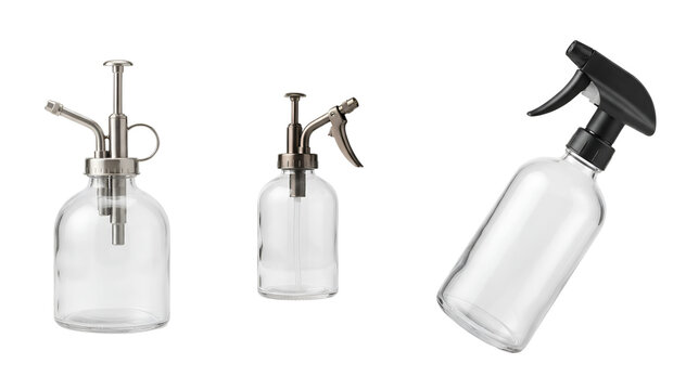 Three empty glass spray bottles with different nozzle designs on transparent background