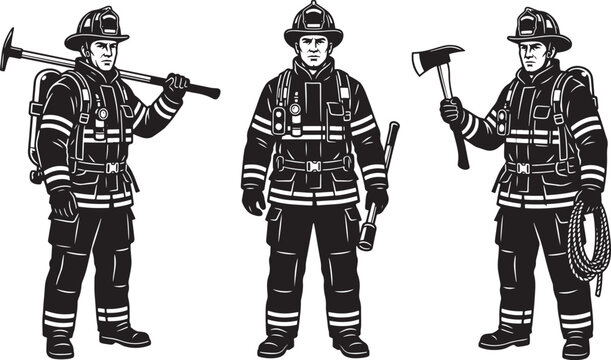 Three black and white of firefighters wearing protective gear, helmets, and carrying tools like an axe, sledgehammer, and rope also transparent background