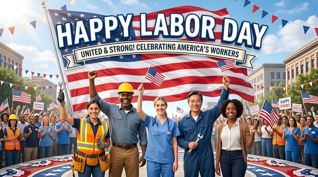 Happy Labor Day USA Celebration, Diverse Workers Holding Flags, Patriotic Background