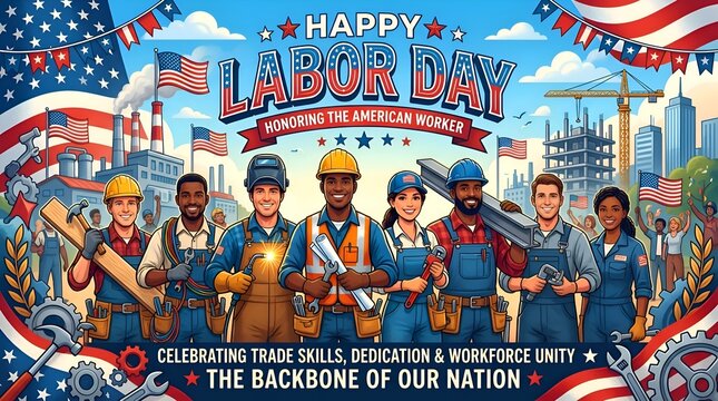 Happy Labor Day USA: Diverse American Workers Honored, Construction & Industry Scene