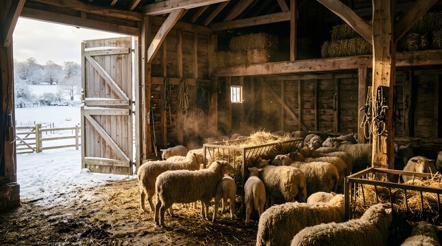 Farm barn interior with sheep and winter snow scene outside open doors