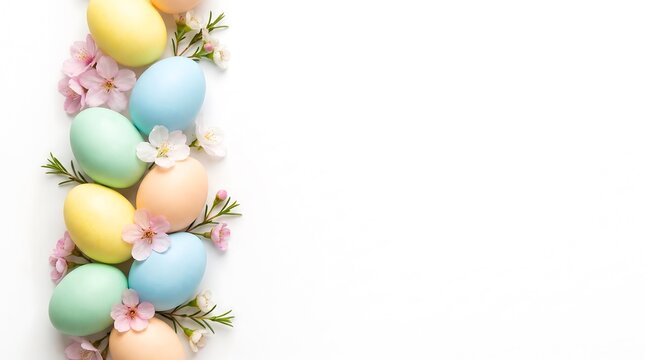 Pastel colored easter eggs arranged as a decorative border on a white background for first day of winter