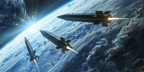 Fototapeta premium Intercontinental ballistic missiles flying over planet Earth in outer space with bright sunrise light. Futuristic military technology concept art depicting nuclear weapon threat and global strategic d