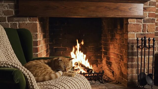 Peaceful Ginger Cat Sleeping on Armchair Near Warm Burning Fireplace in Cozy Library