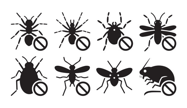 Stop pest warning icons featuring black insect silhouettes crossed out with prohibition signs vectors.
