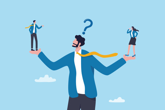 Successor selection, choosing candidate for job position, evaluation or performance assessment, talent interview, career decision, businessman manager choosing candidate for leader successor staff.
