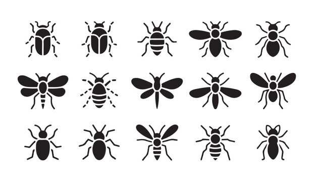 Various black insect icons set isolated on transparent background representing diverse bug species.