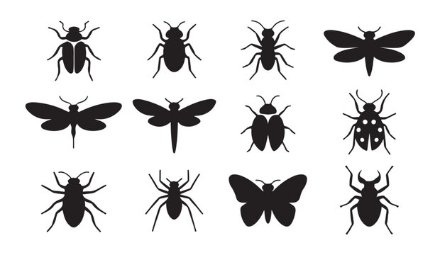 Set of black insect icons isolated on transparent background representing various common bugs.