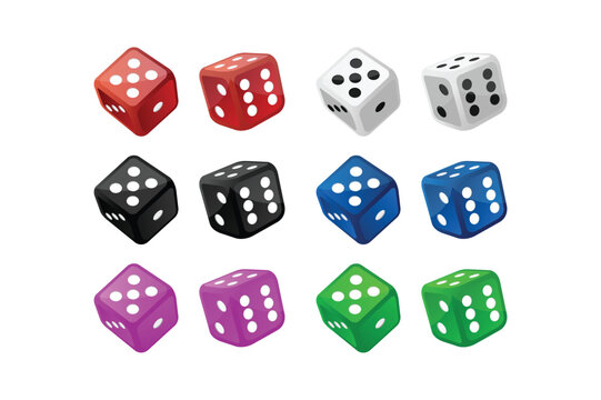 Collection of twelve colorful dice with white dots in various perspectives and colors isolated on a white background, for gaming