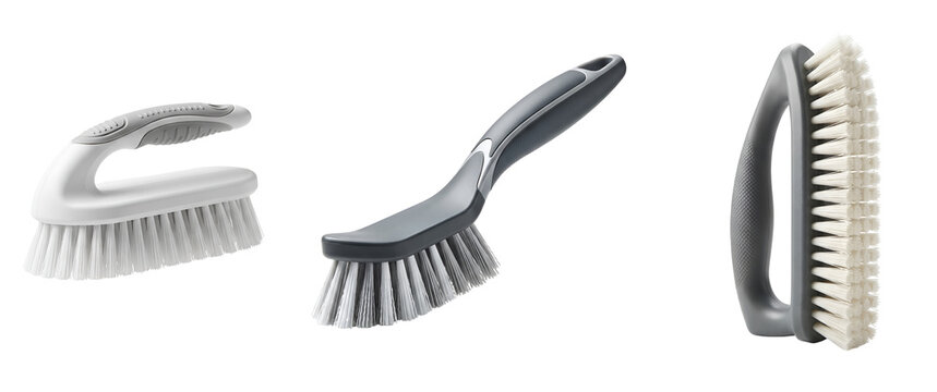 Three cleaning brushes with different handle designs on transparent background