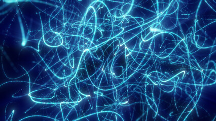 Naklejka premium Glowing blue abstract light trails and dotted lines form a dense futuristic network pattern on a dark background