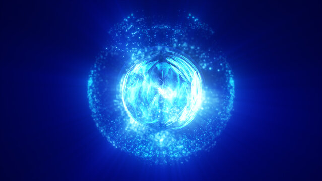 Glowing blue energy sphere surrounded by luminous particles and plasma waves on a dark futuristic background.