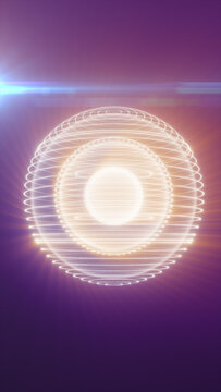 Futuristic glowing orb composed of concentric white rings and radiant light on a purple gradient background.