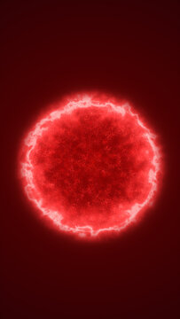 Glowing red energy sphere formed by fiery plasma and luminous particles against a dark crimson background.