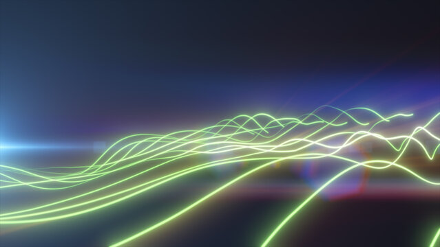 Green glowing light trails flowing across a dark blue background, creating a futuristic abstract waveform with soft lens flare.