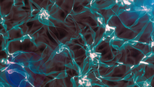 Dark abstract background with teal glowing neural strands, transparent smoke wisps, and futuristic electric energy flow.