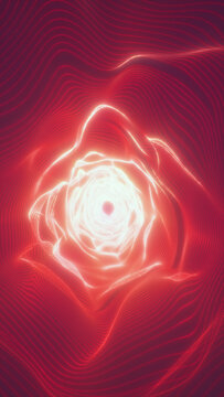 Red glowing wave vortex with a luminous center and flowing contour lines, forming an abstract energetic floral tunnel.