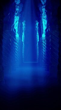 Gothic Blue Concert Stage Visual of Spiral Pillars with Ethereal Fog