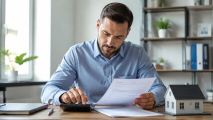 Obraz premium A focused man in a light blue dress shirt uses a calculator while reviewing a paper document at his desk, with a small white house model nearby for real estate marketing needs