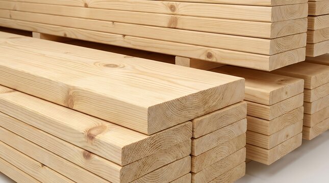Stacked new timber boards for construction and carpentry projects