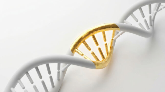 Golden gene editing concept for advanced therapies shown through twisting DNA molecule on clean white background with scientific elegance