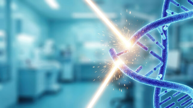 Gene editing therapies concept with glowing DNA strand and laboratory background symbolizing medical innovation and precise genetic research