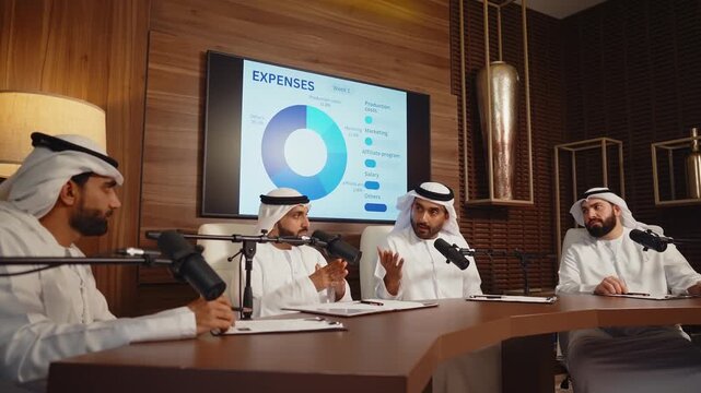 Saudi men in thobe and ghutra sit at a table with microphones