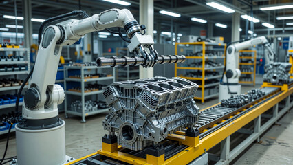 Fototapeta premium Robotic arm installing camshaft to V8 block in engine assembly plant, automotive manufacturing and smart automation