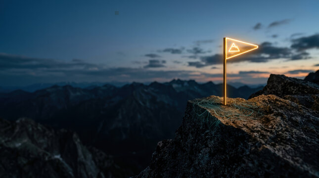 Strategic navigation glowing path guides mountain peak through dramatic twilight landscape with rugged rock and distant alpine range