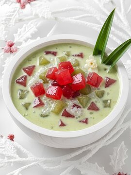 Christmas-themed Thai dessert Bua Loy with red and green jelly cubes, sago pearls, and pandan milk, served in a white bowl with a winter holiday background, elegant food