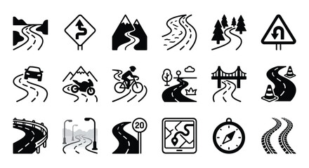 Fototapeta premium Road sign silhouettes depict winding roadways mountainous terrain and travel hazards