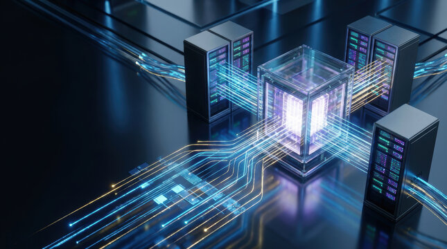 Merger acquisition tech data center server network glowing digital cube in dark room
