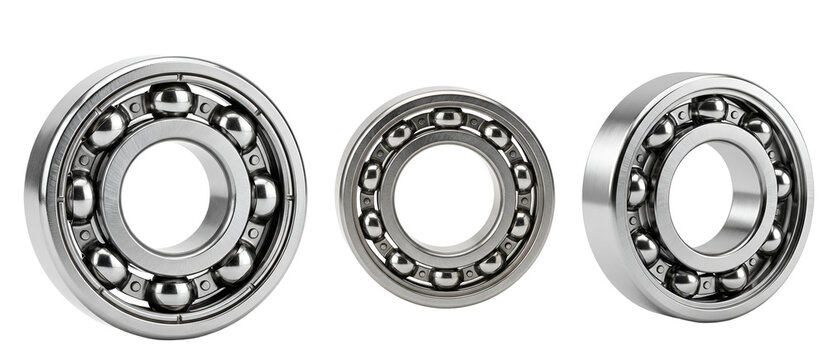 Three silver ball bearings on a transparent background for industrial or mechanical use