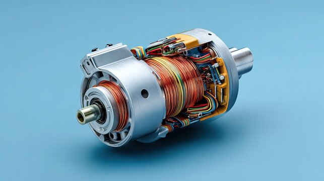 Close-up View of a Detailed Electric Motor with Exposed Coils and Wires on a Light Blue Background