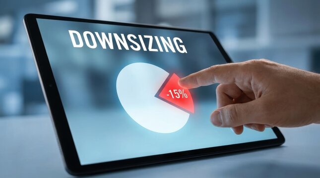 Tech Layoffs Forecast concepts. Business Downsizing Concept Showing Decrease Percentage on Tablet Screen