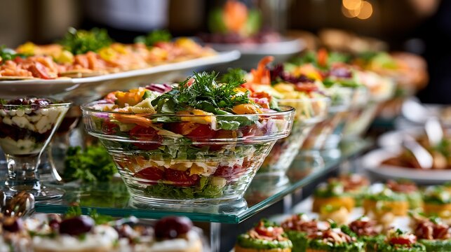 A premium buffet composition featuring seven-layer salad displayed among gourmet dishes at an upscale catered event