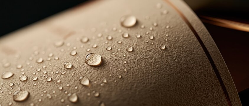 Luxury product detail glistening water droplets bead across a warm taupe textured surface, evoking premium quality, durability, and refined craftsmanship. Perfect for wine, lifestyle, and.