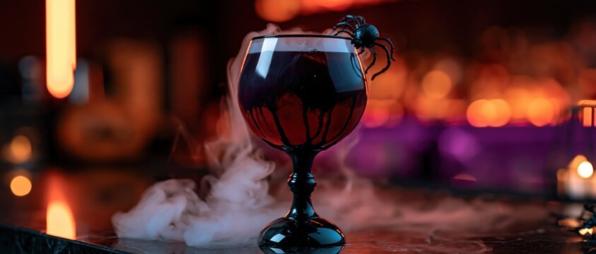 Spooky Halloween party drink concept dark red cocktail in gothic black goblet, plastic spider garnish, swirling dry ice fog, moody neon bar lighting. Perfect for seasonal event and party.