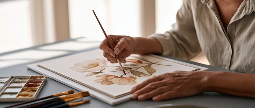 Skilled senior artists hands bring soft botanical flowers to life with fine brushwork. Warm natural light, earthy palette, and mindful creativity evoke wellness, artistic passion, and.