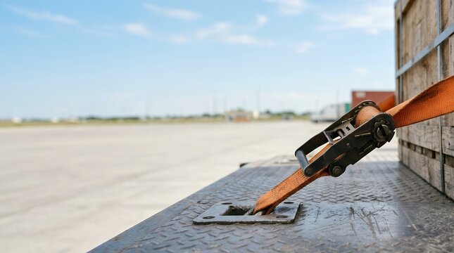Orange ratchet strap securing a wooden crate on a flatbed truck for industrial logistics.