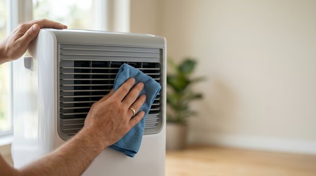 Person cleaning a modern portable air conditioner unit with a microfiber cloth at home.